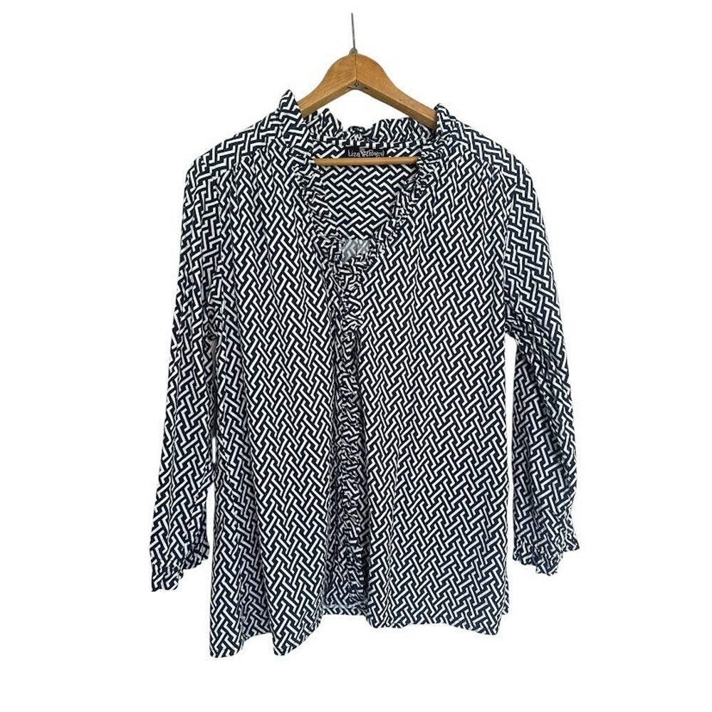 LIZA BYRD Women's Ruffle Button‎ Geometric Cotton Tunic Shirt Blouse Size XL